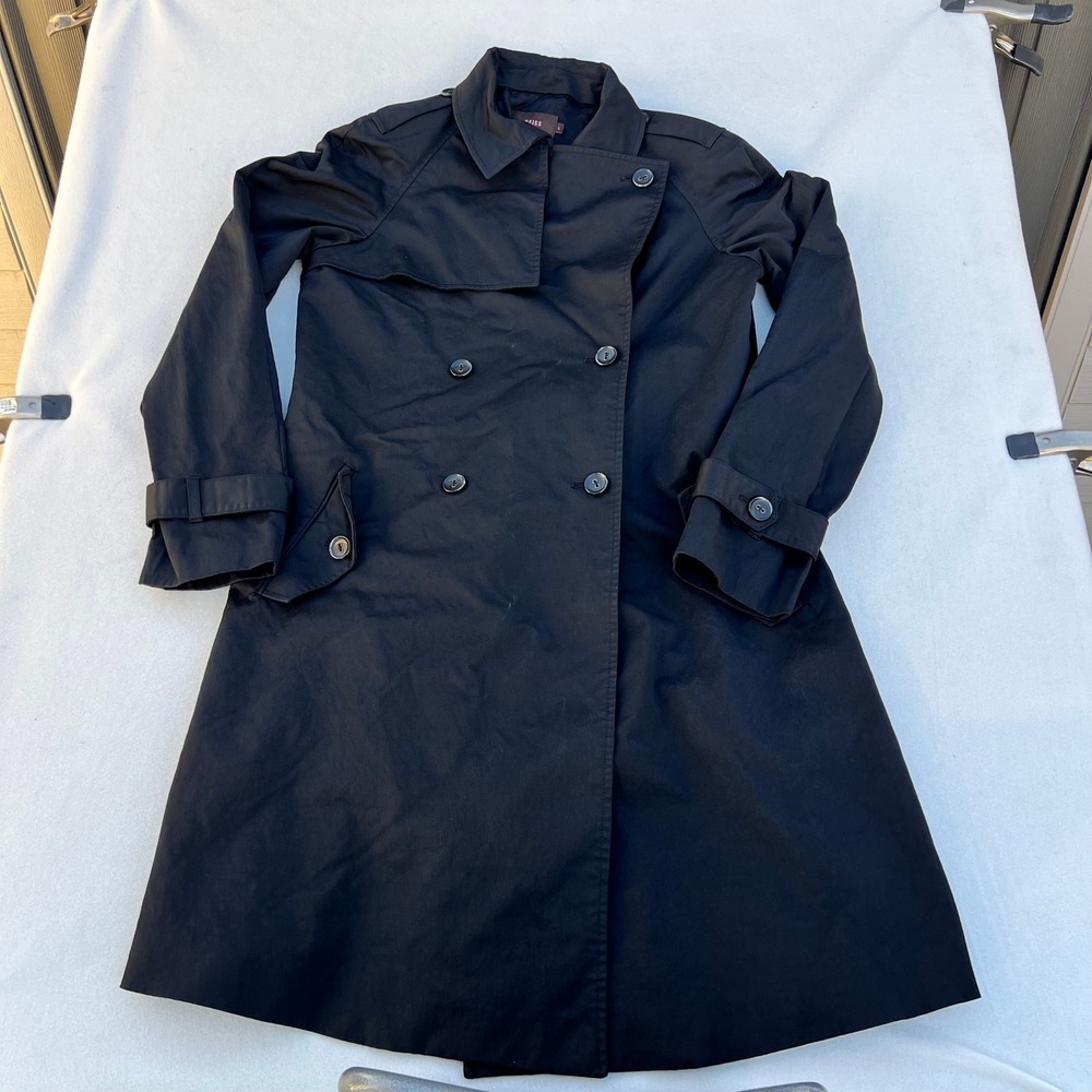 REISS Black Double Breasted Trench Coat Midi Length Women's Size‎ L